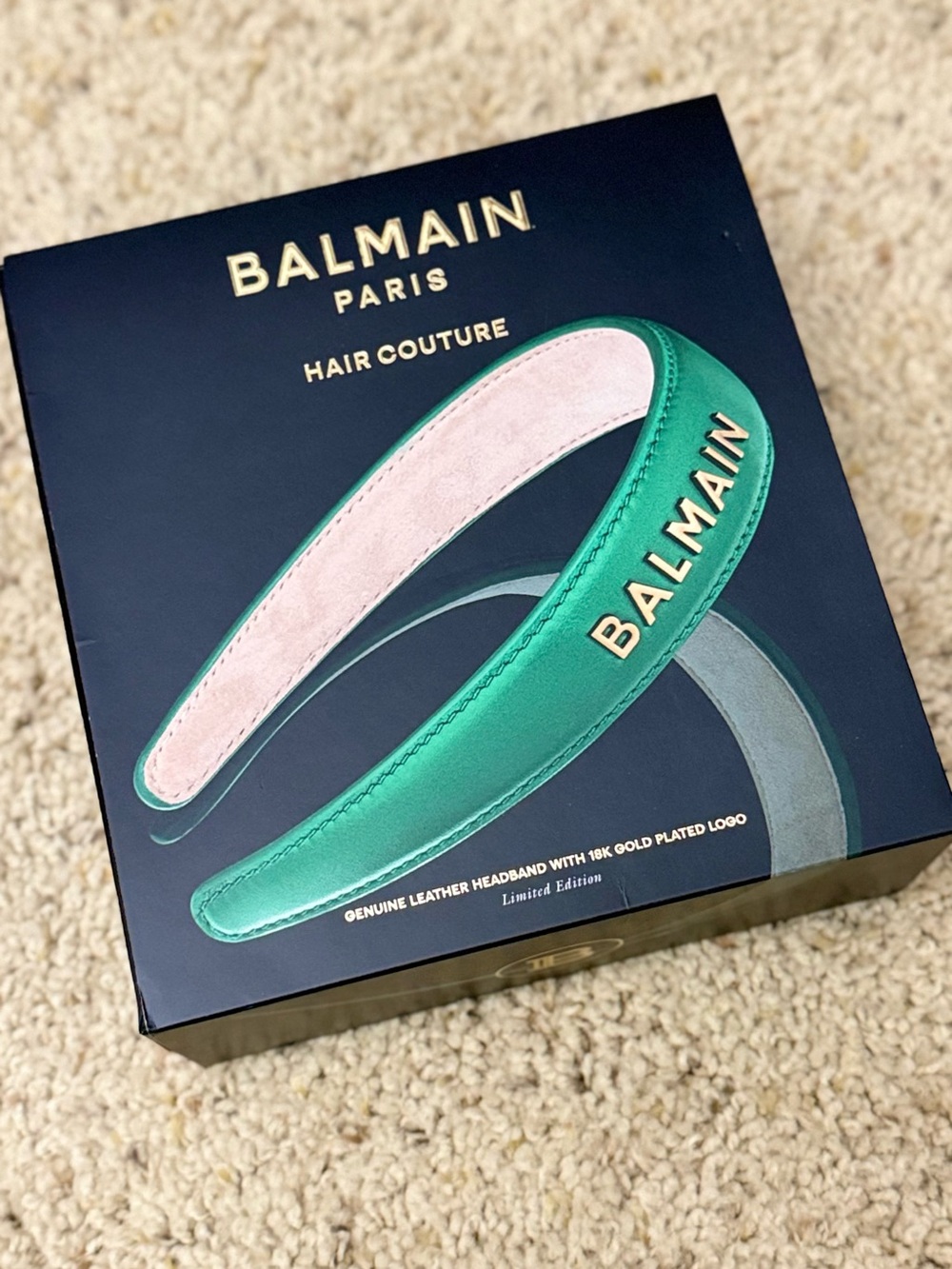 Balmain Green Leather Headband with Pink Lining and Gold Logo